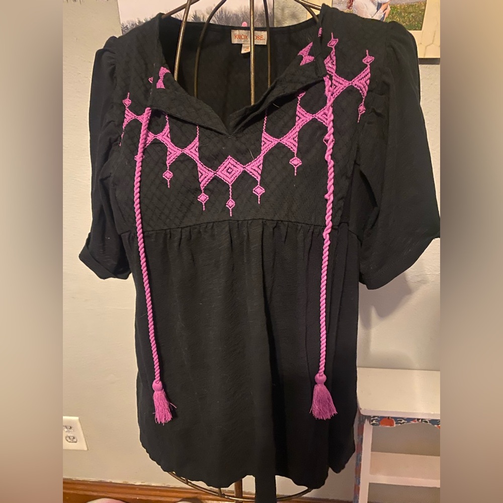 Knox Rose Black Blouse with Pink Embroidery